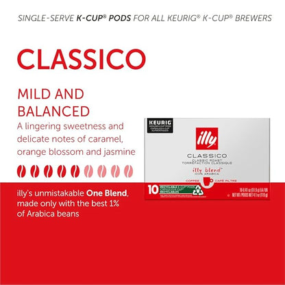 Illy Coffee, Smooth And Balanced, Classico Medium Roast Coffee K-Cups, Made With 100% Arabica Coffee, All-Natural, No Preservatives, Coffee Pods For Keurig Coffee Machines,10 K-Cup Pods (Pack Of 1)