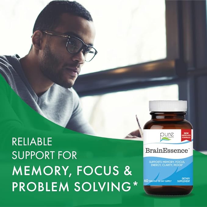 PURE ESSENCE LABS Brain Essence - Memory Supplement & Vitamin for Men, Women & Adults - Herbal Booster for Memory, Focus, Clarity & Stress Relief - Bacopa Monnieri, Ashwagandha & More (30 Tablets)