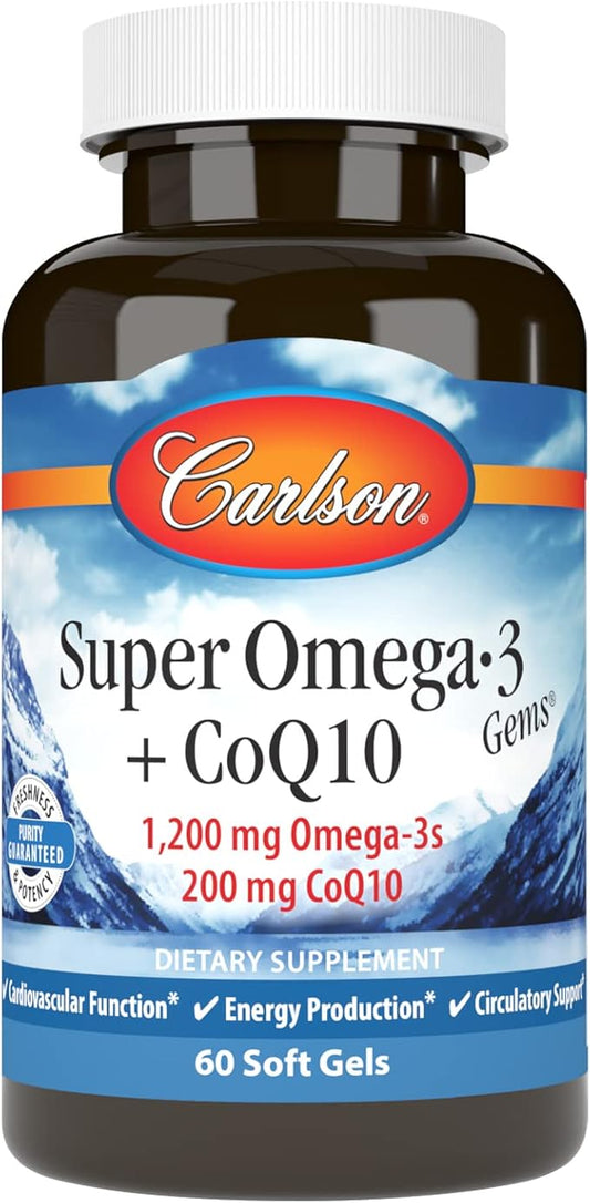 Carlson - Super Omega-3 Gems + CoQ10, 1200 1200 mg Omega-3s 200 200 mg CoQ10, Circulation 60 Softgels