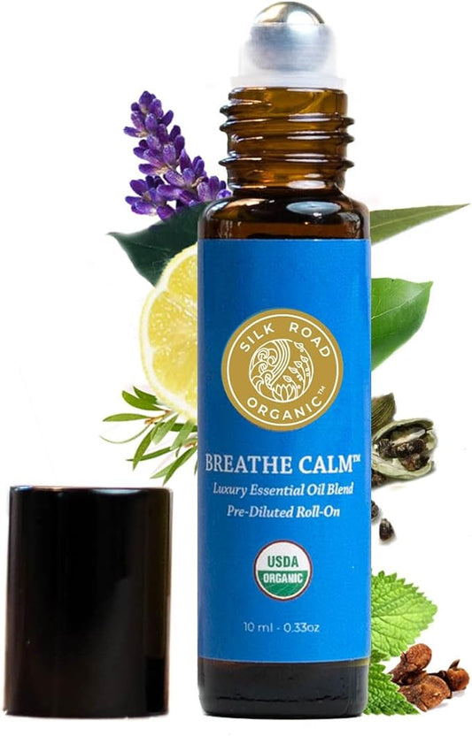Organic Breathe Calm Essential Oil Breathe Easy Blend Roll On, 100% Pure USDA Certified Aromatherapy for Cold, Cough, Congestion, Allergy Relief, & Wellness - 10 ml Roller by Silk Road Organic