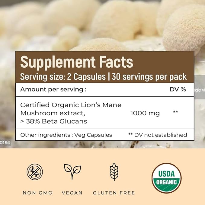 ROOTED Lions Mane Mushroom Extract Capsules (60 Veg 500 mg) 38% Beta