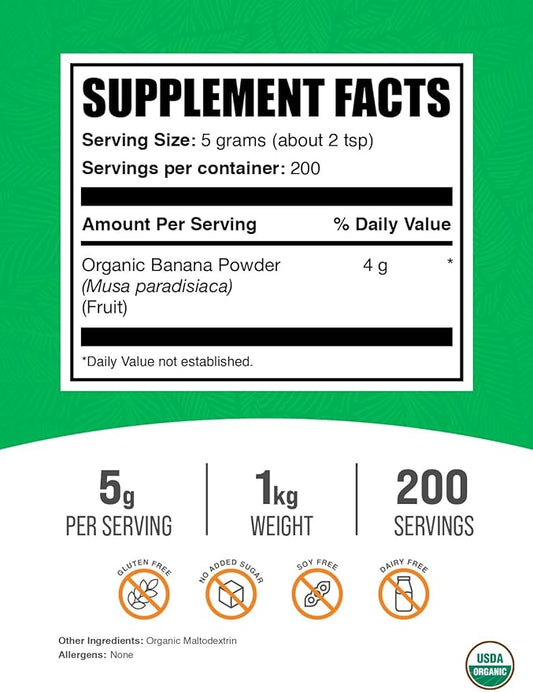 BulkSupplements.com Organic Banana Powder - Smoothie Powder - Dried Bananas Powder - Fruit Powder - Banana Flavoring Powder (1 Kilogram - 2.2 lbs)