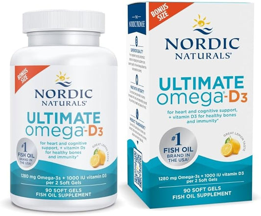 Nordic Naturals Ultimate Omega-D3, Lemon Flavor 90 Soft 1280 mg Omega-3 + 1000 IU D3 - Omega-3 Fish 45 Servings