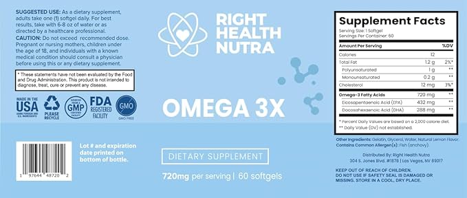 OMEGA-3X 720mg - 60 Softgels - 3 Fish Omega-3 Fish 3 DHA