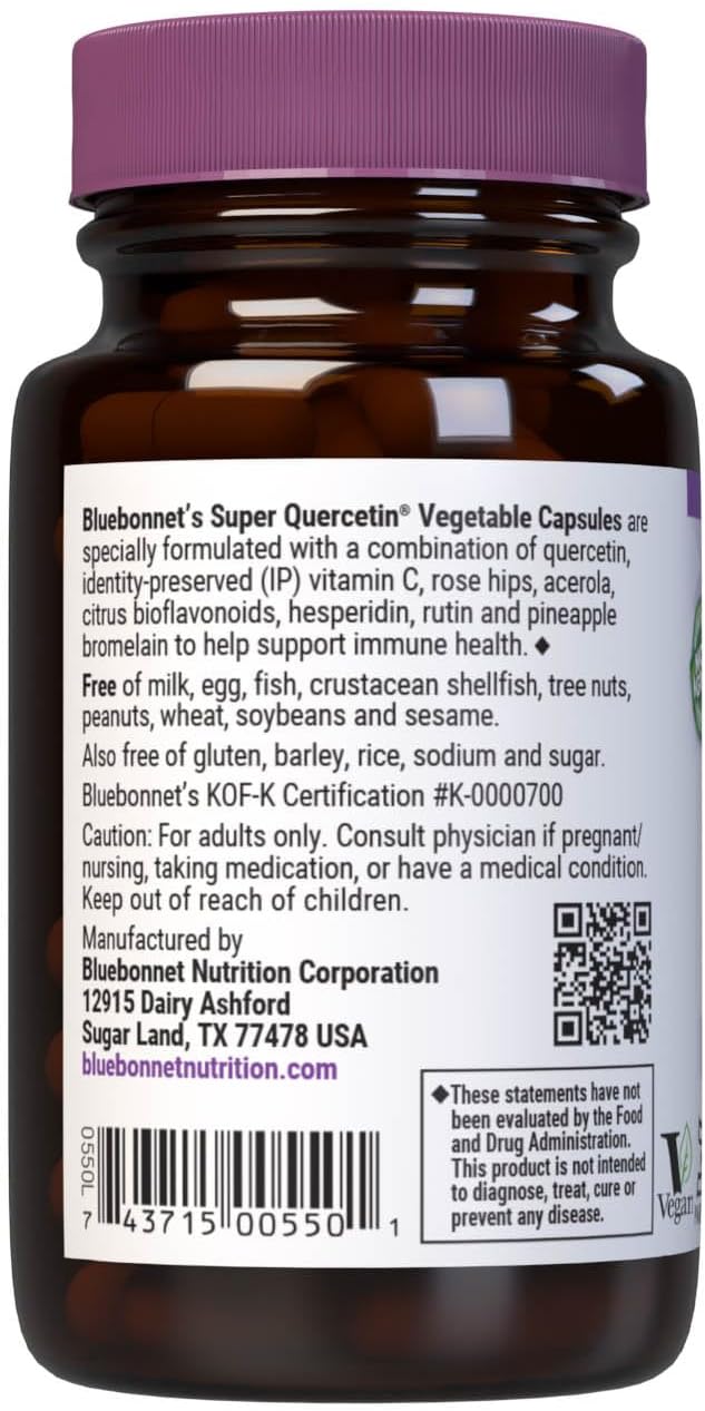 Bluebonnet Nutrition Super Quercetin Vegetable Capsules, Vitamin C Formula, Best for Seasonal & Immune Support, Non GMO, Gluten Free, Soy Free, Milk Free, Kosher, 30 Vegetable Capsules