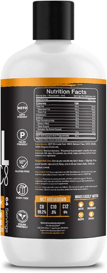 Intentionally Bare Pure C8 MCT Oil Organic - Brain Octane C8 MCT Oil for Keto Paleo & Vegan Diet - Unflavored MCT Oil C8 for Bulletproof Coffee Shakes & Salads - 100% Pure MCT Oil 32 oz
