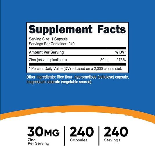 Nutricost Zinc Picolinate 30mg, 240 Capsules - Gluten Free and Non-GMO