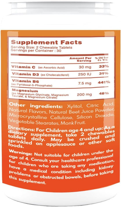 VAL Chewable Magnesium for Kids, Relaxation and Calm Formula, Glycinate, Citrate, Taurate, Vitamin B6, D, C, Natural Star Grape Flavor, Sugar Free, Gluten Free, Non-GMO, 60 Chewable Tablets