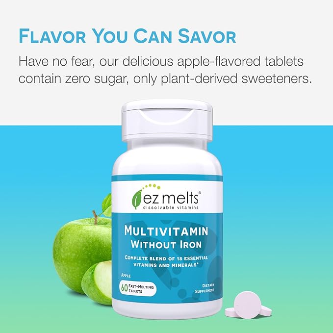 EZ Melts Dissolvable Multivitamin without Iron, 18 Vitamins B12, Vitamin D3, Zinc 1-Month Supply