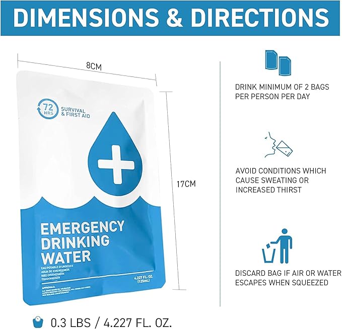 Made in USA - Anti Burst Emergency Water Rations Packets, Emergency Water Pouches, Water for Emergency, Survival Water Pouch, Emergency Water by 72 HRS (Pack of 12)