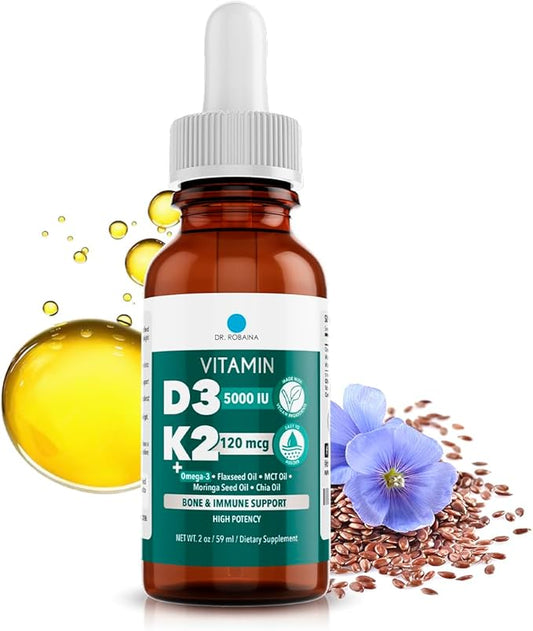 Dr. Robaina Vitamin D3 + K2 Drops – Vegan MCT Oil Liquid Supplement, 5000 IU D3 & 120 mcg MK-7, Sublingual Daily Vitamin D and K