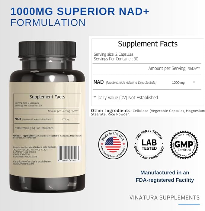 NAD Supplement 1000mg - Pure NAD Supplement for Anti-Aging, Highest Potency NAD+ Supplement for Women and Men, 60 Capsules