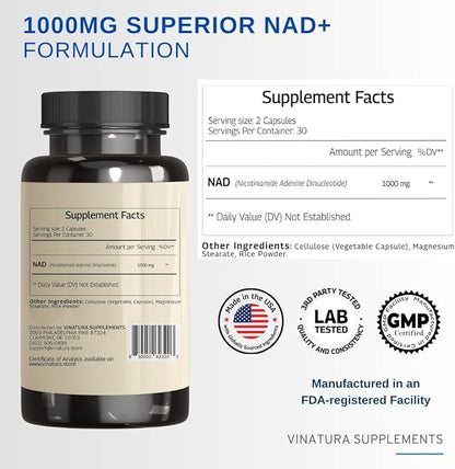 NAD Supplement 1000mg - Pure NAD Supplement for Anti-Aging, Highest Potency NAD+ Supplement for Women and Men, 60 Capsules