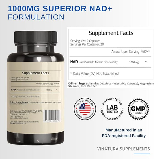 NAD Supplement 1000mg - Pure NAD Supplement for Anti-Aging, Highest Potency NAD+ Supplement for Women and Men, 60 Capsules