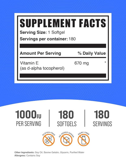 BulkSupplements.com Vitamin E 1000 IU Softgels 1 Softgel 180 Count 1)