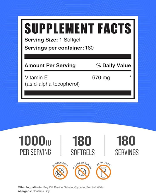 BulkSupplements.com Vitamin E 1000 IU Softgels 1 Softgel 180 Count 1)