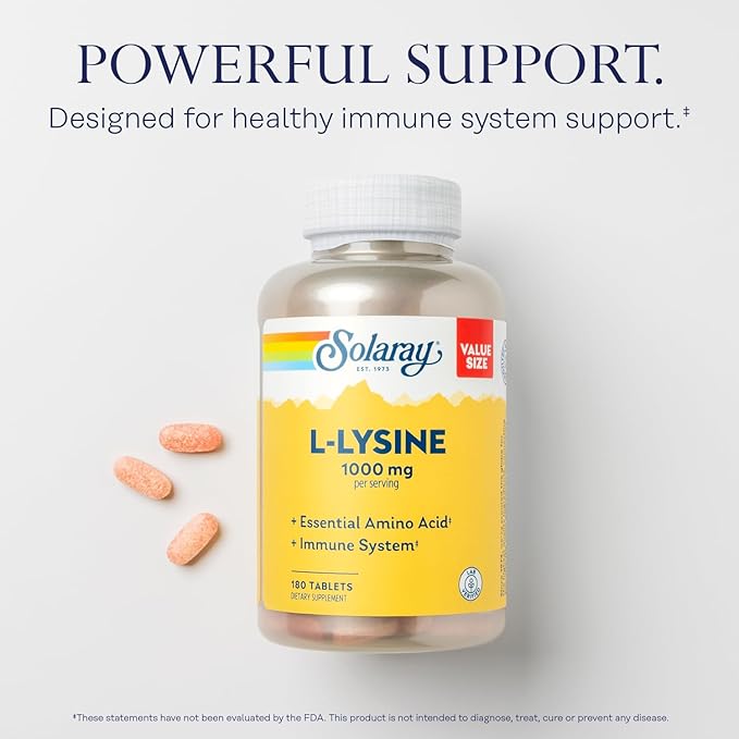 SOLARAY L-Lysine, Free-Form 1000 mg, Essential 1,000 mg 25 mg, 60-Day Guarantee, 60 Servings, 180 Tablets