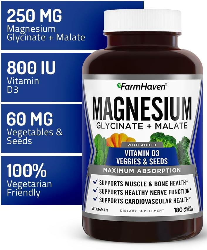 FarmHaven Magnesium Glycinate & Malate Complex D3, 100% 100% Chelated 180 Capsules, 90 Days