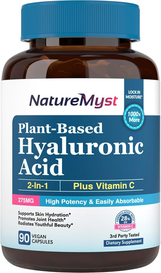 Hyaluronic Acid Supplement, with Vitamin C, 250mg Plant-Based HA, 90 Vegan Caps, for Joints, Skin & Eyes, Collagen Production, Easily Absorbable