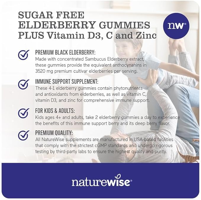NatureWise Sambucus Elderberry Gummies - Sugar-Free - Daily Immune Support Supplement for Kids and Adults*, with Vitamin C, D3, Zinc - Vegan, Gluten Free, Non-GMO - 60 Count[1-Month Supply]