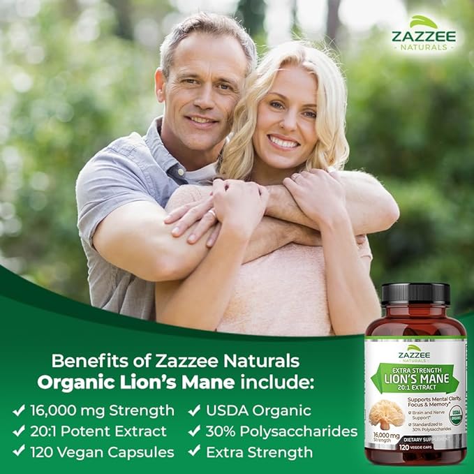 Zazzee USDA Organic Lion's Mane 20:1 16,000 mg 30% Polysaccharides, 120 Vegan 60 Day 20X Extract,