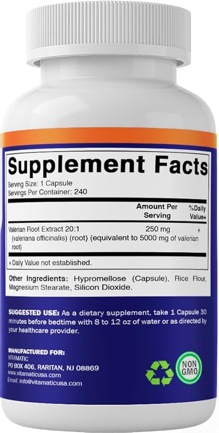 Vitamatic Valerian Root 5000 mg Equivalent 240 Capsules 20X Concentrated 20:1 250mg 250mg -