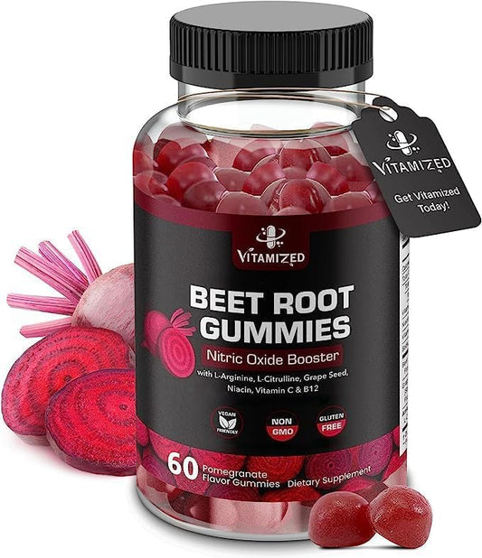 Beet Root Gummies - Super Nitric Oxide Beets Supplement - Red Beetroot Heart Chews with Grape Seed Power & B12- Pomegranate Flavor, 60 Chewables Beets