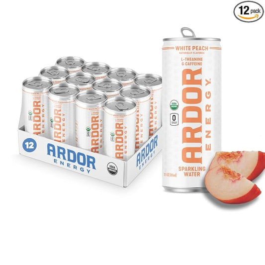 ARDOR ENERGY Sparkling Water White Peach 12 pack with 100mg Organic Caffeine from Green Tea & 200mg Organic L-Theanine (Focus & Calm). No Sugar. No Calories. Vegan. Gluten Free.