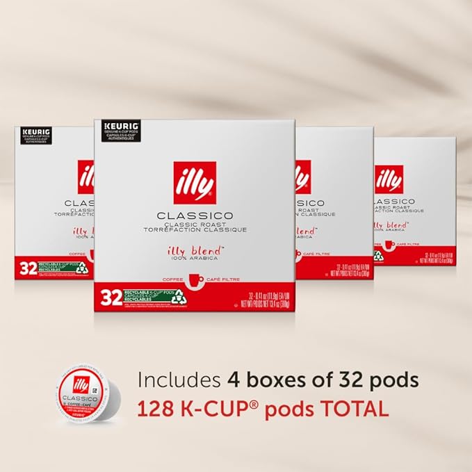 Illy Coffee K Cups - Coffee Pods For Keurig Coffee Maker – Classico Roast - Caramel, Orange Blossom & Jasmine - Mild, Flavorful & Balanced Flavor Pods of Coffee - No Preservatives – 32 Count, 4 Pack