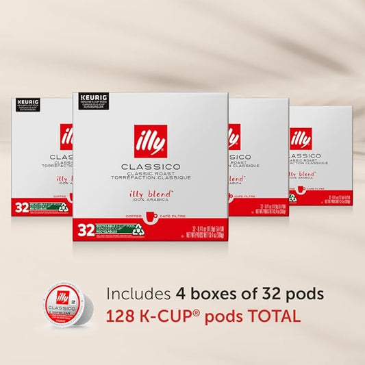 Illy Coffee K Cups - Coffee Pods For Keurig Coffee Maker – Classico Roast - Caramel, Orange Blossom & Jasmine - Mild, Flavorful & Balanced Flavor Pods of Coffee - No Preservatives – 32 Count, 4 Pack
