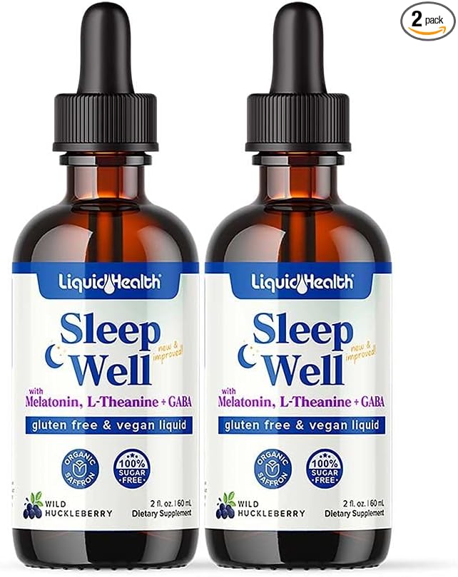 LIQUIDHEALTH Sleep Well 2 Oz Liquid Melatonin, L-Theanine Supplement & Natural Sleep Aid, Fall Asleep Faster, Stay Asleep Longer, Vegan, Sugar Free, Non-GMO Sleep Spray Drops - 2 Pack