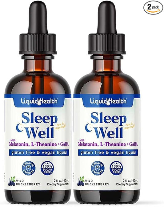 LIQUIDHEALTH Sleep Well 2 Oz Liquid Melatonin, L-Theanine Supplement & Natural Sleep Aid, Fall Asleep Faster, Stay Asleep Longer, Vegan, Sugar Free, Non-GMO Sleep Spray Drops - 2 Pack