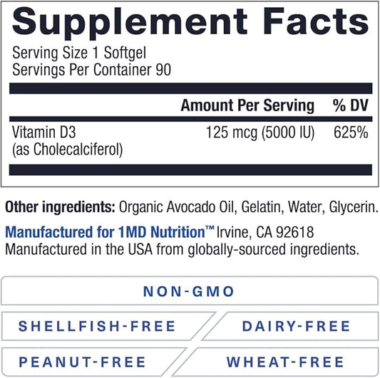 1MD Nutrition Vitamin D3 5000 IU Softgels 3-Month Supply