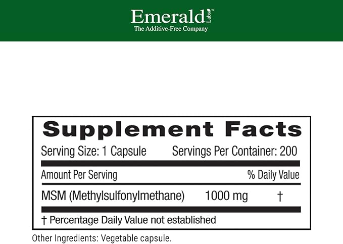 EMERALD LABS MSM 1000mg 200 Vegetable 100-Day Supply)