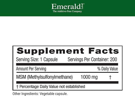 EMERALD LABS MSM 1000mg 200 Vegetable 100-Day Supply)