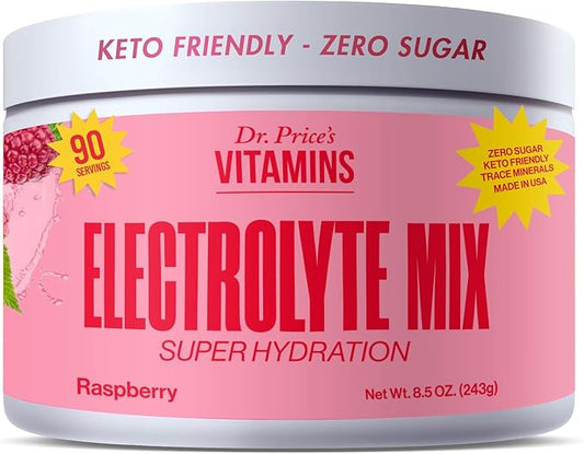 Dr. Price Electrolytes Powder No Sugar - Electrolyte Mix - Hydration Drink - Keto Electrolytes - Fasting Electrolytes - Water Enhancer, Non-GMO, Gluten Free, Sports Drink - 90 Servings - Raspberry