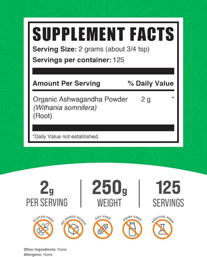 BulkSupplements.com Organic Ashwagandha Powder 2g per 250g (8.8 (8.8 oz) 1)