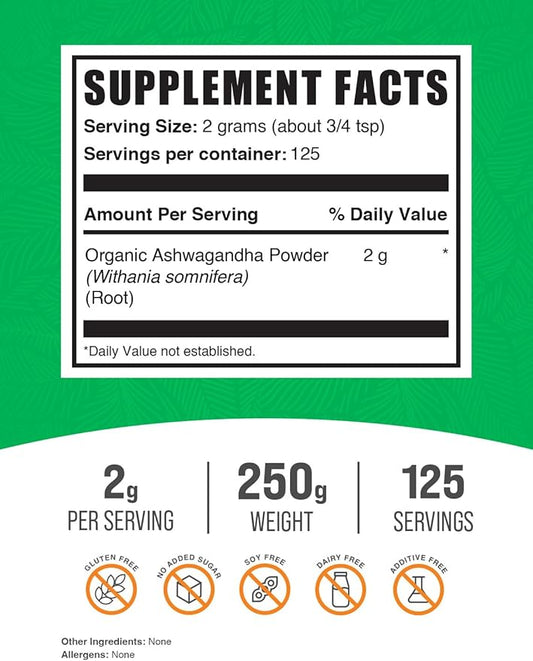 BulkSupplements.com Organic Ashwagandha Powder - Organic Ashwagandha Supplements, Sourced from Ashwagandha Root - Gluten Free, 2g per Serving, 250g (8.8 oz) (Pack of 1)