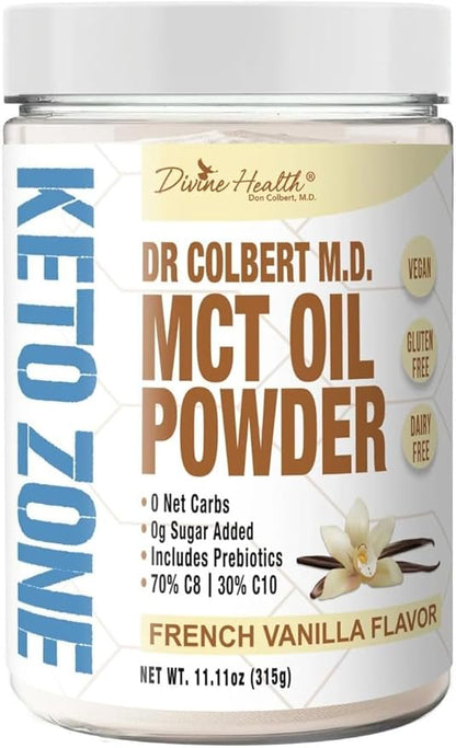 Divine Health Dr. Colbert MD MCT Oil Powder | Vanilla Flavor Recommended in The Keto Zone Diet Book | 70% C8 | 30% C10 | 0 Net Carbs | Alternative to Coffee Creamer | 315g