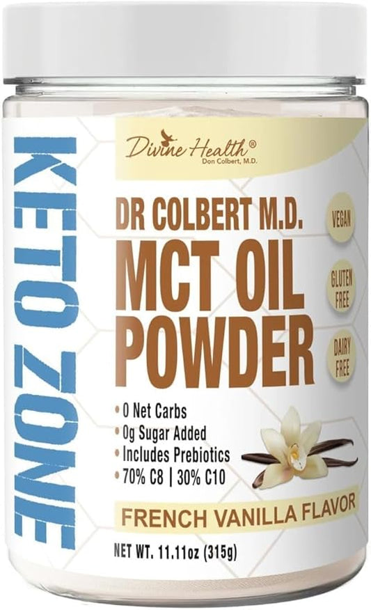 Divine Health Dr. Colbert MD MCT Oil Powder | Vanilla Flavor Recommended in The Keto Zone Diet Book | 70% C8 | 30% C10 | 0 Net Carbs | Alternative to Coffee Creamer | 315g