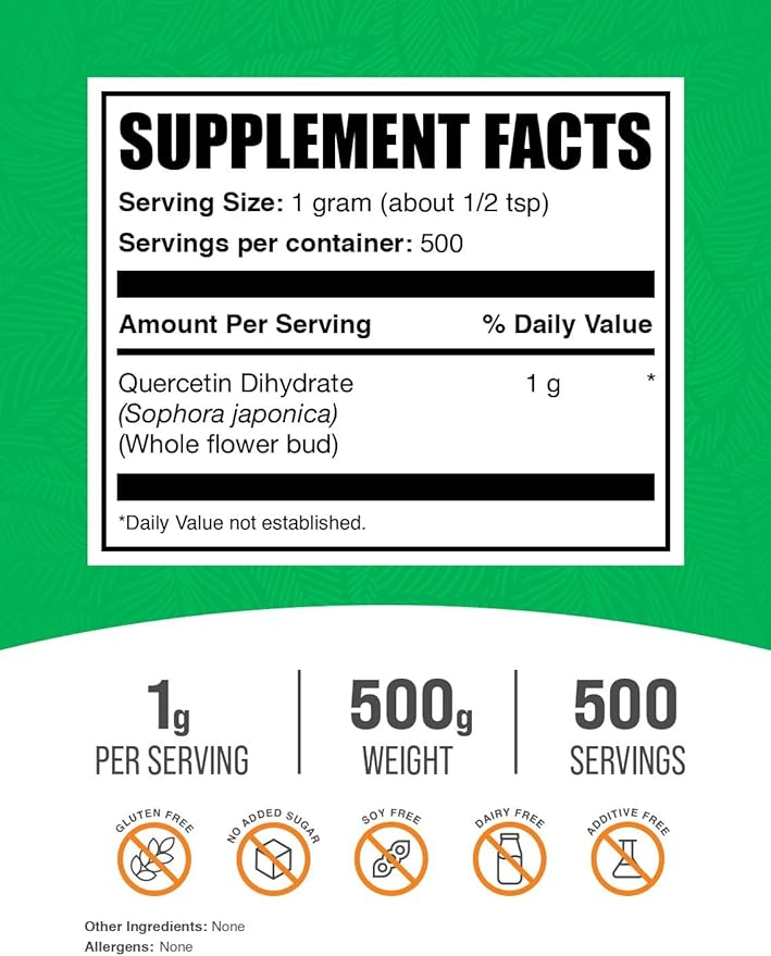 BulkSupplements.com Quercetin Dihydrate Powder - Quercetin Supplements, Quercetin 1000mg - Antioxidants Source, Vegan & Gluten Free, 1000mg per Serving, 500g (1.1 lbs) (Pack of 1)