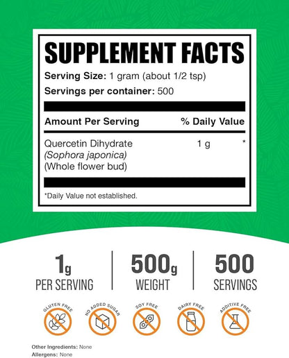 BulkSupplements.com Quercetin Dihydrate Powder - Quercetin Supplements, Quercetin 1000mg - Antioxidants Source, Vegan & Gluten Free, 1000mg per Serving, 500g (1.1 lbs) (Pack of 1)
