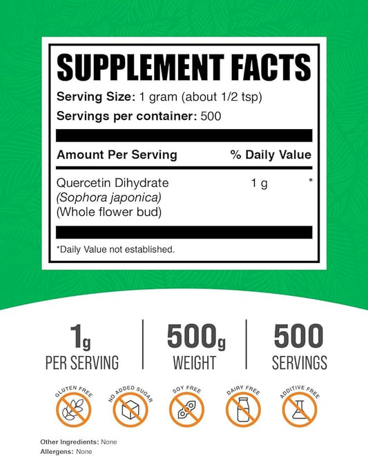 BulkSupplements.com Quercetin Dihydrate Powder - Quercetin Supplements, Quercetin 1000mg - Antioxidants Source, Vegan & Gluten Free, 1000mg per Serving, 500g (1.1 lbs) (Pack of 1)