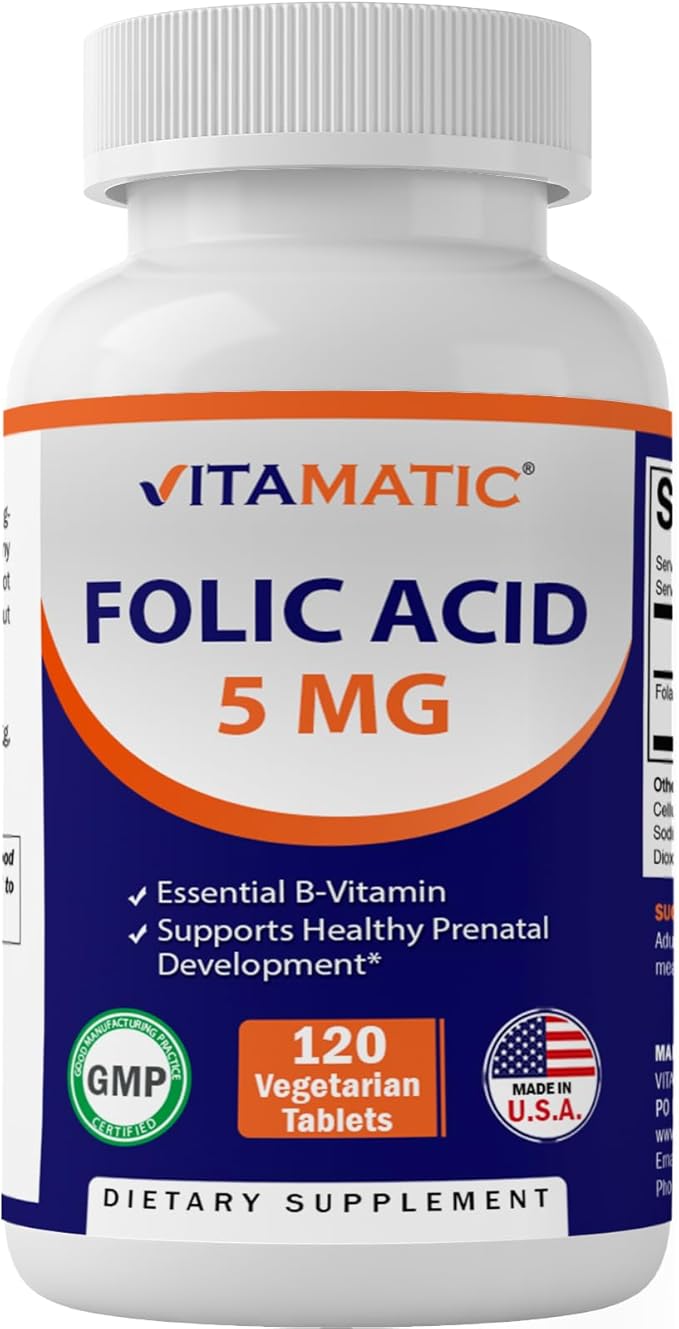 Vitamatic 2 Pack Folic Acid 5mg (5000 mcg) - 120 Vegetarian Tablets - (Vitamin B9 Folate) (Total 240 Tablets)