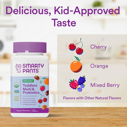 SmartyPants Organic Toddler Multivitamin Gummies: Probiotics, 3 (ALA), D3, C, B12, B6, B6, Vitamin 60 Count (30 Day