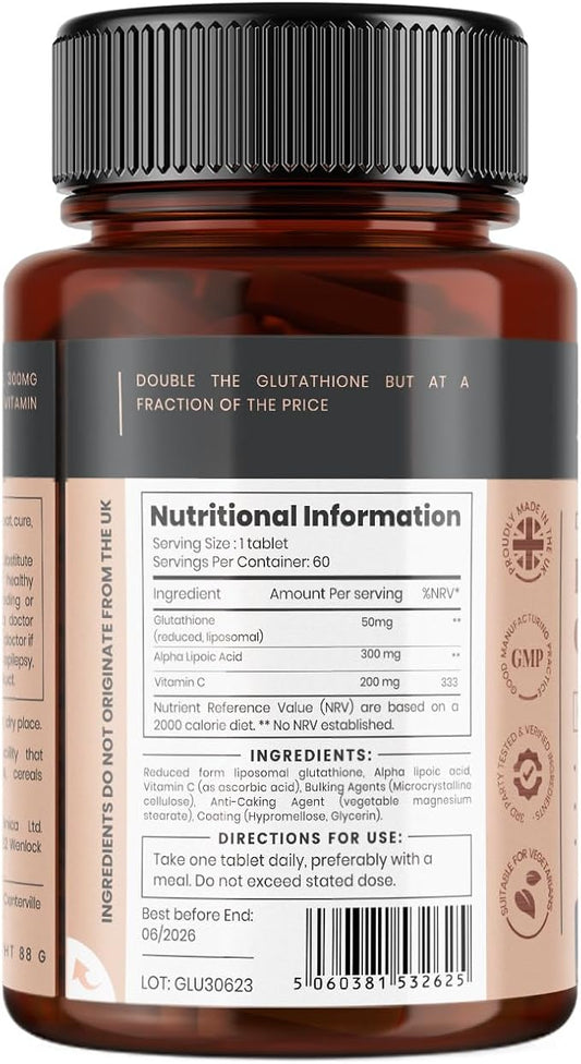 Glutathione 1000mg x 360 Tablets (6 60)- w/500mg w/500mg Glutathione, 300mg ALA, 200mg Vit