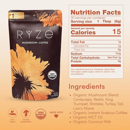 RYZE Mushroom Coffee | 6 Adaptogenic Mushrooms | USDA Organic | Instant Coffee | MCT Oil | USA Grown | Better Energy, Focus, Digestion, Immunity | Cordyceps, Lion’s Mane, Turkey Tail | 30 serving