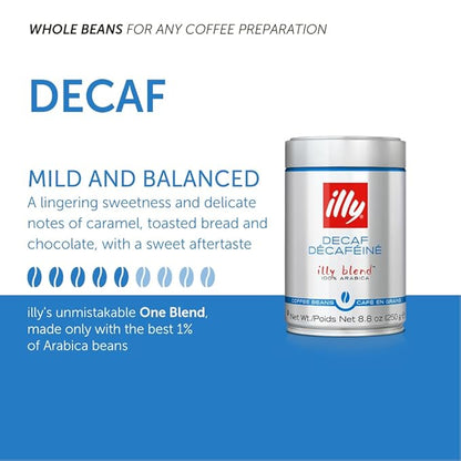 illy Whole Bean Coffee - Perfectly Roasted Whole Coffee Beans – Classico Decaf Roast - with Notes of Caramel, Toasted Bread & Chocolate - 100% Arabica Coffee - No Preservatives – 8.8 Ounce, 6 Pack