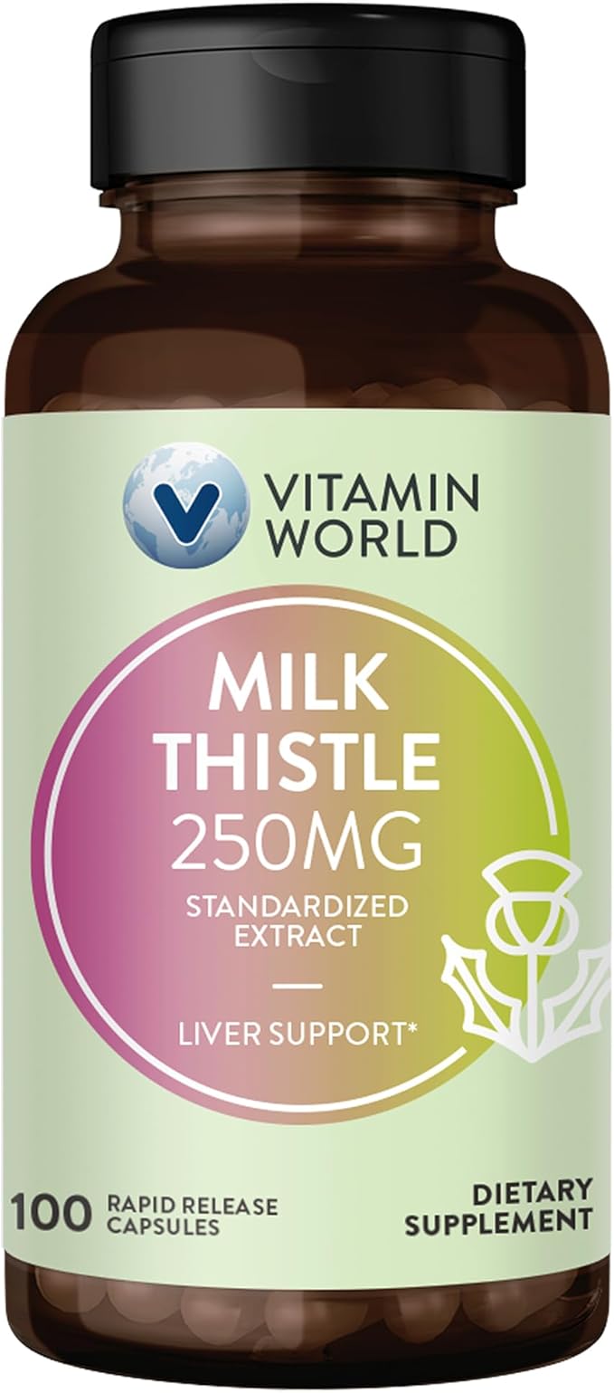 Vitamin World Milk Thistle (Silymarin) Standardized 250mg 100 100 Capsules,