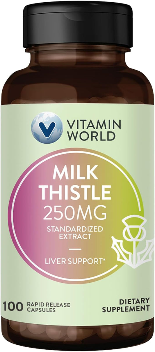 Vitamin World Milk Thistle (Silymarin) Standardized 250mg 100 100 Capsules,